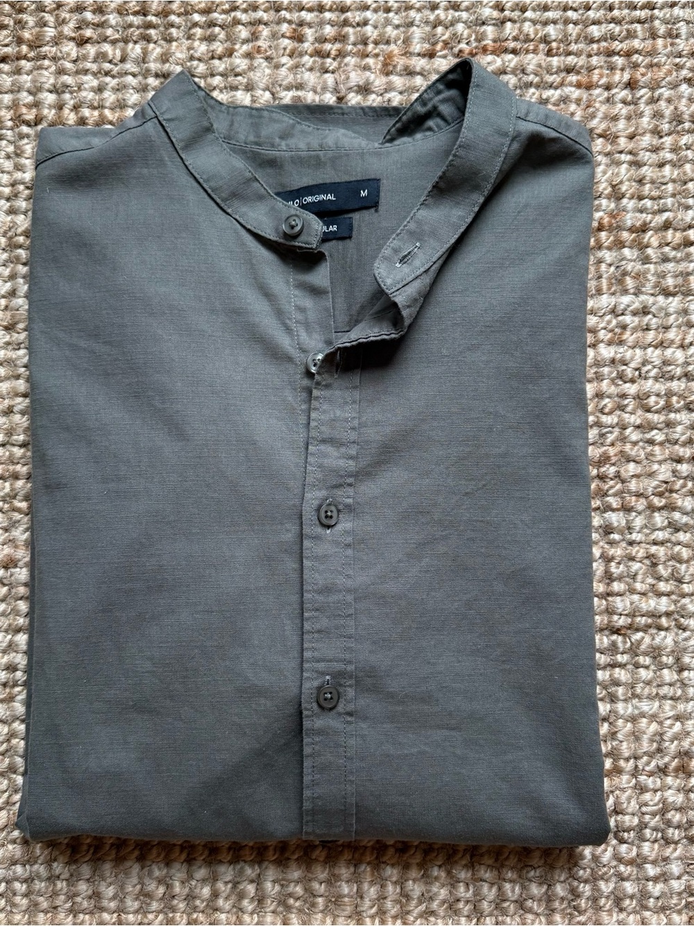 Linen Blend Men's Olive Green Mandarin Collar Shirt - Sz M